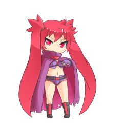 Rule 34 | 1girl, arcana heart, black footwear, boots, chibi, cloak, closed mouth, full body, long hair, looking at viewer, navel, pecka, red eyes, red hair, scharlachrot, simple background, smile, solo, standing, twintails, v-shaped eyebrows, very long hair, white background
