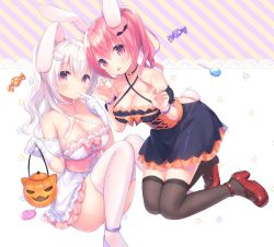 Rule 34 | 2girls, :d, animal ears, bare shoulders, black choker, black dress, blush, breasts, brown legwear, rabbit ears, rabbit tail, candy, candy wrapper, choker, claw pose, cleavage, closed mouth, commentary request, criss-cross halter, detached sleeves, diagonal stripes, dress, fang, feet out of frame, fingernails, food, gloves, hair ornament, halloween, halloween bucket, halterneck, hands up, head tilt, heart, high heels, holding, jack-o&#039;-lantern, kneeling, large breasts, lollipop, long hair, looking at viewer, multiple girls, open mouth, original, puffy short sleeves, puffy sleeves, purple footwear, red eyes, red footwear, red hair, sakura (usashiro mani), shoes, short sleeves, silver hair, sitting, smile, star (symbol), striped, swirl lollipop, tail, thighhighs, usashiro mani, white choker, white dress, white gloves, white legwear, wing hair ornament