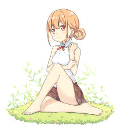Rule 34 | 1girl, bare arms, bare shoulders, barefoot, blush, breasts, brown hair, brown skirt, chinese commentary, closed mouth, collarbone, collared shirt, commentary request, dress shirt, full body, hair between eyes, hair bun, hand up, hatsunatsu, knee up, looking at viewer, on grass, pleated skirt, red eyes, shirt, sidelocks, single hair bun, sitting, skirt, sleeveless, sleeveless shirt, small breasts, solo, white background, white shirt, xiaoyuan (you can eat the girl), you can eat the girl