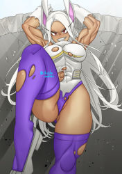 Rule 34 | 1girl, abs, animal ears, boku no hero academia, breasts, cameltoe, covered erect nipples, dark-skinned female, dark skin, gloves, highres, leotard, long hair, looking at viewer, medium breasts, mirko, muscular, muscular female, rabbit ears, rabbit girl, red eyes, shosho oekaki, smile, solo, standing, standing on one leg, thighhighs, thighs, torn clothes, white background, white gloves, white hair
