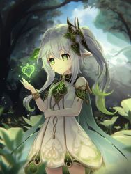 Rule 34 | + +, 1girl, absurdres, banned artist, blue hair, bracelet, commentary, cowboy shot, dress, forest, genshin impact, green eyes, hair between eyes, highres, jewelry, light blue hair, long hair, minust, nahida (genshin impact), nature, outdoors, pointy ears, smile, solo, tree, twintails