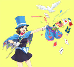Rule 34 | 1girl, ace attorney, american flag, apollo justice: ace attorney, bad id, bad pixiv id, bird, bloomers, blue bloomers, blue eyes, blue hat, bow, bow bloomers, brown hair, capcom, cape, card, confetti, diamond (shape), dove, flag, flags of all nations, floating card, french flag, hat, heart, japanese flag, magic trick, magician, panties, short hair, solo, spade, string, string of flags, swedish flag, top hat, trucy wright, underwear, wand, yellow background