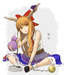 Rule 34 | 1girl, beato2528, belt, bow, character name, cuffs, foot grab, gourd, hair bow, horn ornament, horn ribbon, horns, ibuki suika, indian style, long hair, neck ribbon, open mouth, orange hair, ribbon, shackles, shirt, shoes, sitting, skirt, sleeveless, socks, solo, torn clothes, torn sleeves, touhou, wrist cuffs, yellow eyes