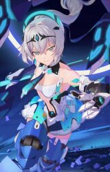 Rule 34 | 1girl, absurdres, armored boots, bare shoulders, boots, breasts, bronya zaychik, bronya zaychik (herrscher of truth), clothing cutout, dress, gauntlets, grey eyes, grey hair, hair between eyes, headgear, highres, holding, holding polearm, holding weapon, honkai (series), honkai impact 3rd, long hair, looking at viewer, parted lips, pink pupils, polearm, ponytail, rfbyhjr, small breasts, solo, stomach cutout, teeth, weapon, white dress