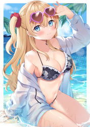 Rule 34 | 1girl, adjusting eyewear, arm at side, armpits, beach, bikini, black bikini, blonde hair, blue eyes, blush, branch, breasts, cleavage, closed mouth, cloud, cloudy sky, collarbone, commentary request, drawstring, earrings, eyewear on head, floral print, full body, hair between eyes, hair over breasts, hair over shoulder, half updo, hand up, heart, heart-shaped eyewear, highres, hood, hoodie, in water, jewelry, large breasts, leaf, long hair, looking at viewer, navel, ocean, off shoulder, okiq, open clothes, open hoodie, original, sand, seiza, short twintails, sitting, sky, smile, solo, sunglasses, swimsuit, thighs, twintails, waves, wet, white hoodie