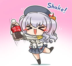 Rule 34 | &gt; &lt;, 1girl, asimo953, beret, blush, breasts, buttons, chibi, commentary request, employee uniform, epaulettes, frilled sleeves, frills, full body, gloves, gradient background, hat, jacket, kantai collection, kashima (kancolle), kerchief, kneehighs, long hair, long sleeves, shaking, sidelocks, silver hair, simple background, smile, socks, soda bottle, solo, twintails, uniform, wavy hair, white gloves, white jacket