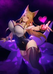 Rule 34 | 1girl, absurdres, ahri (league of legends), animal ear fluff, animal ears, black thighhighs, blonde hair, bracelet, breasts, choker, fox ears, fox tail, gradient background, heart, highres, idol, jewelry, k/da (league of legends), k/da ahri, large breasts, league of legends, long hair, looking at viewer, microphone, multiple tails, outstretched arm, parted lips, rekaerb maerd, solo, tail, thighhighs, yellow eyes