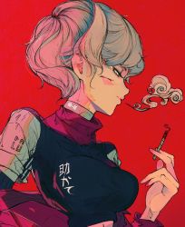 Rule 34 | 1girl, breasts, cigarette, elliemaplefox, grey hair, hand up, highres, holding, holding cigarette, large breasts, medium breasts, nail polish, original, profile, red background, red nails, short hair, simple background, smoke, solo, upper body