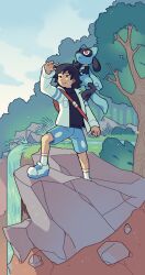 Rule 34 | 1boy, arm up, bag, black hair, black shirt, blue shorts, brown eyes, closed mouth, commentary, commission, creatures (company), day, english commentary, full body, game freak, gen 4 pokemon, highres, holding, holding poke ball, jacket, magicact, male focus, medium hair, nintendo, on shoulder, open clothes, open jacket, original, outdoors, poke ball, poke ball (basic), pokemon, pokemon (creature), pokemon on shoulder, riolu, river, shirt, shoes, shorts, smile, sneakers, socks, standing, tree, water, waterfall, white footwear, white jacket, white socks