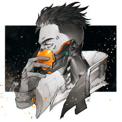 Rule 34 | 1boy, apex legends, collarbone, crypto (apex legends), from side, gloves, jacket, looking ahead, machine language crypto, male focus, mask, mouth mask, official alternate costume, orange eyes, portrait, sentinel ga koku ni aru, solo, spot color, undercut
