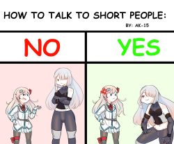 Rule 34 | 2girls, abineko, ak-15 (girls&#039; frontline), anger vein, angry, chart, english text, girls&#039; frontline, hair ornament, hairclip, height difference, hexagram, highres, how to talk to short people (meme), long hair, meme, multiple girls, negev (girls&#039; frontline), one eye covered, pantyhose, pink hair, silver hair, smug, star of david