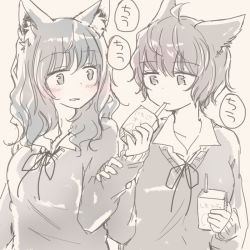 Rule 34 | 2girls, ahoge, animal ears, arm at side, blouse, blush, cat ears, cat girl, food, grey eyes, grey hair, grey sweater, holding, holding another&#039;s arm, holding food, inutose, juice box, medium hair, multiple girls, original, parted lips, shirt, short hair, simple background, sweater, uniform, white shirt