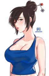 Rule 34 | 1girl, alracoco, bare shoulders, beads, blue skirt, breasts, brown eyes, brown hair, cleavage, collarbone, eyelashes, grey eyes, hair bun, hair ornament, hair stick, large breasts, lips, mei (overwatch), navel, no eyewear, nose, overwatch, overwatch 1, parted bangs, parted lips, pink lips, shirt, simple background, single hair bun, skirt, sleeveless, sleeveless shirt, snowflake hair ornament, solo, twitter username, upper body, white background