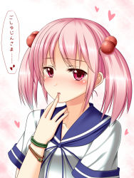 Rule 34 | 10s, 1girl, blush, bracelet, finger to mouth, hair bobbles, hair ornament, hanazome dotera, heart, jewelry, kantai collection, looking at viewer, neckerchief, pink eyes, pink hair, sailor collar, sazanami (kancolle), school uniform, serafuku, solo, translation request, twintails, upper body