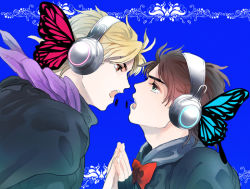 Rule 34 | 2boys, artist request, blonde hair, blue eyes, bow, bowtie, bug, butterfly, butterfly hair ornament, butterfly wings, dio brando, eye contact, face-to-face, feathers, fingerless gloves, gloves, hair ornament, headphones, insect, insect wings, jojo no kimyou na bouken, jonathan joestar, looking at another, magnet (vocaloid), male focus, multiple boys, parody, red eyes, vocaloid, wings, yaoi