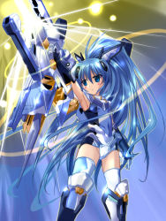 Rule 34 | 1girl, arm up, armor, armpits, beam rifle, blue eyes, blue hair, blush, cameltoe, clenched teeth, covered navel, elbow gloves, energy gun, fighting stance, firing, flat chest, gloves, glowing, gradient background, greaves, groin, gun, hair ornament, holding, huge weapon, komatsu eiji, light particles, long hair, looking away, matching hair/eyes, mecha musume, official art, ponytail, sena sena, sigma (sena sena), solo, standing, swimsuit costume, teeth, thighhighs, very long hair, weapon, zettai ryouiki