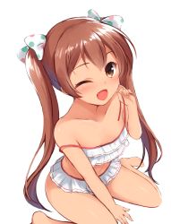 Rule 34 | 10s, 1girl, :d, ;d, bare shoulders, barefoot, between legs, bikini, blush, brown eyes, brown hair, dark-skinned female, dark skin, don (29219), fang, frilled bikini, frills, hair ribbon, hand between legs, kantai collection, libeccio (kancolle), long hair, looking at viewer, one eye closed, open mouth, ribbon, simple background, sitting, smile, solo, strap slip, swimsuit, twintails, untied bikini, wariza, white background