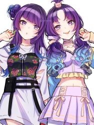 Rule 34 | 2girls, blue hair, blue nails, blunt bangs, collar, crop top, dress, dual persona, earrings, gradient hair, grey dress, hair bun, highres, idolmaster, idolmaster shiny colors, jewelry, l&#039;antica (idolmaster), long hair, long sleeves, looking at viewer, midriff, miniskirt, multicolored hair, multiple girls, nail polish, navel, one side up, open mouth, pleated skirt, purple eyes, purple hair, shinishi chiho, short dress, simple background, sketch, skirt, standing, stomach, tanaka mamimi, tongue, tongue out, torn clothes, torn sleeves, twitter username, white background, white skirt, yellow nails