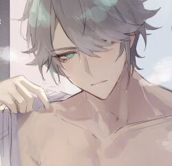 Rule 34 | 1boy, alhaitham (genshin impact), closed mouth, collarbone, commentary, genshin impact, green eyes, grey hair, gumilkx, hair between eyes, looking at viewer, male focus, multicolored hair, portrait, sketch, solo, steam, symbol-only commentary, topless male, wet, wet hair