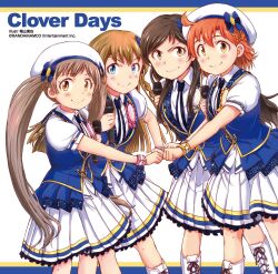 Rule 34 | 4girls, ahoge, album cover, artist name, beret, blue bow, blue eyes, blue necktie, blue vest, blush, boots, bow, braid, brown hair, closed mouth, clover (idolmaster), collared shirt, company name, copyright notice, cover, cross-laced footwear, eyelashes, fist bump, frilled skirt, frilled vest, frills, gold trim, grateful blue (idolmaster), grey hair, hair bow, hakozaki serika, hat, highres, idol, idol clothes, idolmaster, idolmaster million live!, idolmaster million live! blooming clover, idolmaster million live! theater days, inayama kakuya, kitazawa shiho, knee boots, kousaka umi, lace-up boots, lone nape hair, long hair, looking at viewer, looking to the side, multiple girls, necktie, official art, orange hair, pink wrist cuffs, pleated skirt, puffy short sleeves, puffy sleeves, purple wrist cuffs, shirt, short hair, short sleeves, side braids, skirt, smile, song name, standing, striped clothes, striped necktie, striped wrist cuffs, twin braids, twintails, vest, white background, white footwear, white headwear, white shirt, white skirt, wrist cuffs, yabuki kana, yellow eyes, yellow wrist cuffs