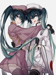 Rule 34 | 2girls, absurdres, aqua eyes, aqua hair, arm around back, arms around neck, black gloves, commentary, cowboy shot, dual persona, gloves, hat, hatsune miku, highres, holding another&#039;s hair, hug, japanese clothes, kazenemuri, lips, long hair, looking at viewer, military hat, miniskirt, multiple girls, parted lips, pleated skirt, project diva (series), purple headwear, purple legwear, purple shirt, purple skirt, senbon-zakura (vocaloid), senbonzakura, shirt, skirt, suspender skirt, suspenders, thighhighs, tongue, tongue out, twintails, very long hair, vocaloid, white headwear, white legwear, white shirt, white skirt, wide sleeves, zettai ryouiki