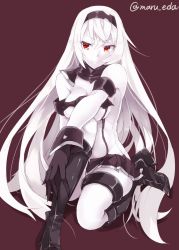 Rule 34 | 10s, 1girl, absurdres, abyssal ship, air defense princess, bare shoulders, black footwear, black gloves, boots, breasts, cleavage, colored skin, female focus, gloves, hair between eyes, hairband, highres, kantai collection, knee boots, large breasts, long hair, maruki (punchiki), miniskirt, monochrome, purple background, red eyes, showgirl skirt, simple background, skirt, smile, solo, underboob, very long hair, white hair, white skin