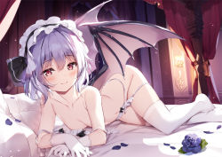 Rule 34 | 1girl, alternate costume, bare arms, bare shoulders, bat wings, bed, black hairband, black ribbon, blue flower, blue hair, blue rose, blush, bra, breasts, cleavage, commentary request, convenient arm, curtains, flower, frills, gloves, hair between eyes, hair ribbon, hairband, looking at viewer, lying, maid headdress, miyase mahiro, navel, no shoes, on stomach, panties, petals, red eyes, red neckwear, remilia scarlet, ribbon, rose, rose petals, seductive smile, short hair, side-tie panties, small breasts, smile, solo, stomach, thighhighs, thighs, touhou, underwear, underwear only, untied panties, white bra, white gloves, white panties, white thighhighs, wings