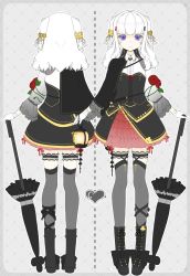 Rule 34 | 1girl, black footwear, black skirt, black umbrella, boots, bustier, center frills, closed mouth, closed umbrella, commentary request, copyright request, cross-laced footwear, flower, frills, grey background, grey thighhighs, heart, highres, lace-up boots, long hair, long sleeves, looking at viewer, multiple views, purple eyes, red flower, red rose, rose, shirasu youichi, shirt, skirt, standing, thighhighs, thighhighs under boots, two side up, umbrella, white hair, white shirt