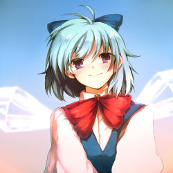 Rule 34 | 1girl, blue bow, blue hair, blush, bow, bowtie, cirno, hair bow, ice, ice wings, looking at viewer, onimaru gonpei, puffy sleeves, purple eyes, red bow, red bowtie, short hair, smile, solo, touhou, upper body, wing collar, wings