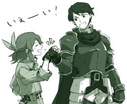 Rule 34 | 1boy, 1girl, :d, ^ ^, arm at side, armor, belt, cape, closed eyes, coat, commentary request, defender (elona), elona, faulds, fingerless gloves, fist bump, gauntlets, gloves, gorget, green theme, grin, hair ribbon, half updo, hand on own hip, hand up, herayoshi, kiki (herayoshi), looking at another, looking away, monochrome, open mouth, outstretched arm, pants, pauldrons, plate armor, protagonist (elona), ribbon, short hair, shoulder armor, simple background, sleeves rolled up, smile, sword, upper body, weapon
