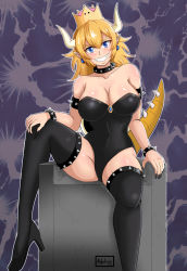 Rule 34 | 1girl, 2018, angelox27, armlet, armpits, bare shoulders, black collar, black footwear, black leotard, black nails, black thighhighs, blonde hair, blue eyes, blush, bowsette, bracelet, breasts, cleavage, clenched teeth, collar, collarbone, covered navel, earrings, fangs, female focus, fingernails, grin, hair between eyes, high heels, highres, horns, jewelry, knee up, large breasts, leotard, long hair, looking at viewer, mario (series), monster girl, nail polish, neck, new super mario bros. u deluxe, nintendo, pointy ears, sharp fingernails, shiny skin, sitting, smile, solo, spiked armlet, spiked bracelet, spiked collar, spiked tail, spiked thighlet, spikes, strapless, strapless leotard, super crown, tail, teeth, thighhighs, thighlet, thighs, white horns