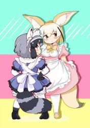 Rule 34 | 10s, 2girls, adapted costume, alternate costume, animal ears, back bow, black hair, blonde hair, blush, bow, bowtie, commentary request, common raccoon (kemono friends), dress, elbow gloves, enmaided, fennec (kemono friends), fox ears, fox tail, full body, fur collar, fur trim, gloves, grey hair, hands on own hips, highres, kemono friends, maid, maid headdress, multicolored hair, multiple girls, pantyhose, puffy short sleeves, puffy sleeves, raccoon ears, raccoon tail, shimanoji, short hair, short sleeves, tail