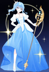 Rule 34 | 1girl, absurdres, alternate eye color, axe, battle axe, bibideba (hololive), blue background, blue dress, blue hair, breasts, cleavage, clothes lift, collarbone, commentary request, double-parted bangs, dress, dress lift, earrings, elbow gloves, empire waist, floating hair, full body, glass footwear, gloves, golden axe (weapon), green eyes, grin, hair between eyes, halberd, high heels, highres, holding, holding weapon, hololive, hoshimachi suisei, jewelry, looking at viewer, medium hair, necklace, official alternate costume, polearm, puffy short sleeves, puffy sleeves, rio1105, short sleeves, side ponytail, sidelocks, small breasts, smile, solo, standing, star (symbol), star in eye, symbol in eye, teeth, tiara, tilted headwear, virtual youtuber, weapon, white gloves