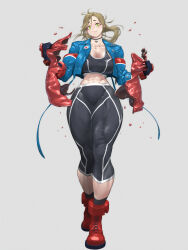 Rule 34 | 1girl, 702 96, abs, absurdres, armored gloves, biceps, black choker, black gloves, black socks, black sports bra, blue jacket, boots, breasts, cammy white, cammy white (cosplay), capri pants, choker, cleavage, clenched hands, cloak, collarbone, combat boots, commission, cosplay, cropped jacket, fang, full body, gloves, green eyes, grey background, head tilt, highres, inuyama aoi, jacket, large breasts, leather, leather jacket, light brown hair, long hair, long legs, looking at viewer, midriff, muscular, muscular female, narrow waist, navel, pants, pendant choker, pixiv commission, red footwear, short eyebrows, single vambrace, skin fang, socks, solo, sports bra, street fighter, street fighter 6, studded jacket, thick thighs, thighs, torn cloak, torn clothes, vambraces, walking, wide hips, yoga pants, yurucamp
