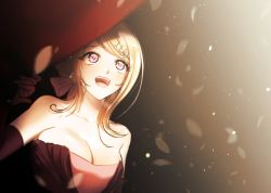Rule 34 | 1girl, :d, ahoge, akamatsu kaede, bare shoulders, black gloves, blonde hair, breasts, cleavage, collarbone, commentary request, danganronpa (series), danganronpa v3: killing harmony, dress, earrings, elbow gloves, fortissimo, gloves, gradient background, gwanlamcha, hair ornament, hand up, happy, jewelry, large breasts, long hair, looking at viewer, musical note, musical note hair ornament, off shoulder, open mouth, pink dress, pink eyes, smile, solo, upper body