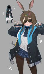 Rule 34 | 1girl, 1other, absurdres, amiya (arknights), animal ears, arknights, ascot, black jacket, black pantyhose, blue ascot, blush, brown hair, collagen, dancing, doctor (arknights), grey background, highres, holding, holding microphone, jacket, jewelry, long sleeves, microphone, multiple rings, open clothes, open jacket, pantyhose, ponytail, rabbit ears, rabbit girl, ring, shirt, simple background, suggestive fluid, sunglasses, white shirt