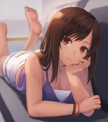 Rule 34 | 1girl, bare shoulders, barefoot, breasts, brown eyes, brown hair, camisole, head rest, cleavage, commentary request, couch, denim, denim shorts, feet, hand on own cheek, hand on own face, highres, legs up, long hair, looking at viewer, lying, medium breasts, mole, mole under eye, on stomach, ranma (kamenrideroz), short shorts, shorts, smile, soles, solo, suga natsumi, tenki no ko, the pose, toes, white shorts