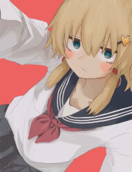 Rule 34 | 1girl, alternate costume, black sailor collar, blonde hair, blue eyes, blush, closed mouth, hair ornament, long sleeves, looking at viewer, moriya suwako, neckerchief, neritch, red background, red neckerchief, sailor collar, school uniform, serafuku, shirt, short hair, sidelocks, simple background, solo, touhou, upper body, white shirt