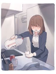 Rule 34 | 1girl, air conditioner, alcohol, beer can, blush, brown hair, business suit, can, chopsticks, closed eyes, collared shirt, commentary, cup, drink can, formal, frilled shirt, frills, highres, jacket, kitchen, ladle, medium hair, mug, nirareba, open mouth, original, pouring, shirt, sink, solo, stove, suit, translated