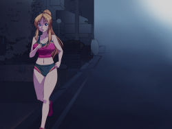 Rule 34 | 00s, 1girl, bare shoulders, bible black, blonde hair, blue eyes, breasts, building, covered erect nipples, highres, large breasts, legs, long hair, looking at viewer, midriff, navel, nightmare express, open mouth, ponytail, road, running, saeki kaori, shoes, sneakers, solo, street, thighs
