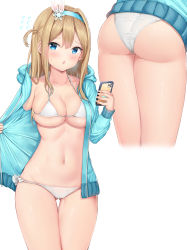 Rule 34 | 1girl, ass, bachibachi (tisen), back, bikini, bikini under clothes, blonde hair, blue eyes, breasts, cellphone, cleavage, closed mouth, commentary, cropped legs, girls&#039; frontline, gluteal fold, green jacket, hair ornament, hairband, hand in pocket, highres, holding, holding phone, jacket, jewelry, long hair, looking at viewer, medium breasts, micro bikini, multiple views, navel, open clothes, open jacket, open mouth, opened by self, panties, phone, ring, sidelocks, simple background, skindentation, smartphone, snowflake hair ornament, standing, suomi (girls&#039; frontline), sweatdrop, swimsuit, thigh gap, thighs, underwear, white background, zoom layer