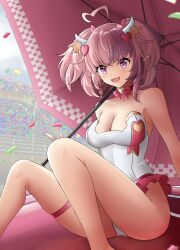 Rule 34 | 1girl, absurdres, bow, bow choker, breasts, choker, cleavage, demon girl, demon horns, demon tail, demon wings, earrings, fang, hair ornament, head wings, heart, heart hair ornament, highres, holding, holding umbrella, horns, ironmouse, ironmouse (race queen), jewelry, large breasts, leotard, long hair, looking at viewer, multicolored hair, open mouth, pink bow, pink choker, pink hair, pointy ears, purple eyes, purple hair, race queen, single earring, skin fang, smile, solo, strapless, strapless leotard, streaked hair, sudhiro sappurisa, tail, thigh strap, two side up, umbrella, virtual youtuber, vshojo, white leotard, wings