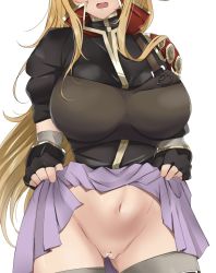 Rule 34 | 1girl, armor, bar censor, black gloves, black shirt, blonde hair, breastplate, breasts, censored, clarisse (fire emblem), clothes lift, cowboy shot, fingerless gloves, fire emblem, fire emblem: new mystery of the emblem, fire emblem heroes, gloves, gluteal fold, groin, head out of frame, highres, large breasts, lifting own clothes, long hair, miniskirt, navel, nintendo, no panties, open mouth, out of frame, pussy, shirt, short sleeves, simple background, skirt, skirt lift, solo, thighhighs, toshimasa, very long hair, white background