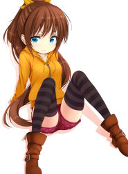 Rule 34 | 1girl, arm support, blue eyes, boots, bow, brown hair, hair bow, hood, hoodie, long hair, original, ponytail, shorts, sitting, smile, solo, striped clothes, striped thighhighs, thighhighs, very long hair, zettai ryouiki, zizi (zz22)