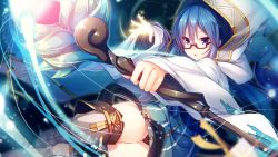 Rule 34 | 1girl, :o, black panties, blue eyes, blue hair, boots, dress, female focus, game cg, glasses, holding, holding weapon, hood, hoodie, long hair, long sleeves, magic, matching hair/eyes, panties, panty peek, pantyshot, rozea (graphmelt), shilo avrora, solo, staff, thigh boots, thighhighs, tou no shita no exercitus, underwear, weapon, wide sleeves