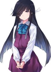 Rule 34 | 1girl, black hair, blue bow, blue bowtie, blush, bow, bowtie, dress, fingers together, hair over one eye, hair ribbon, hayashimo (kancolle), hime cut, kantai collection, long hair, long sleeves, ribbon, satsumi, school uniform, shirt, simple background, sleeveless, sleeveless dress, solo, very long hair, white background, white ribbon