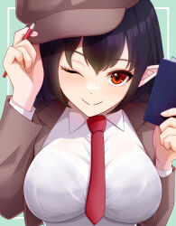 Rule 34 | 1girl, ;), black bra, black hair, bra, breasts, brown hair, brown headwear, closed mouth, commentary request, frilled bra, frills, green background, highres, holding, holding notebook, holding pen, kisaragi koushi, large breasts, necktie, notebook, official alternate costume, one eye closed, pen, pointy ears, red eyes, red necktie, see-through, see-through shirt, shameimaru aya, shameimaru aya (newsboy), short hair, smile, touhou, underwear, upper body