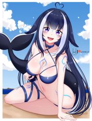 Rule 34 | 1girl, ahoge, animal ears, arm support, arm tattoo, bikini, breasts, cetacean tail, chest tattoo, collar, day, fangs, fins, fish tail, heart, heart ahoge, highres, indie virtual youtuber, large breasts, leg tattoo, lewdlux, long hair, looking at viewer, multicolored hair, navel, open mouth, orca girl, outdoors, purple eyes, shylily, shylily (bikini), sitting, solo, streaked hair, swimsuit, tail, tattoo, very long hair, virtual youtuber
