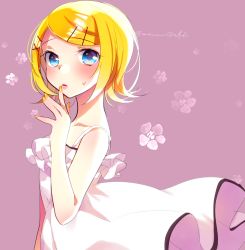 Rule 34 | 1girl, adolescence (vocaloid), bare arms, bare shoulders, blonde hair, blue eyes, blush, camisole, collarbone, finger to mouth, flat chest, frilled camisole, frills, hair ornament, hairclip, kagamine rin, kawahara chisato, lips, looking at viewer, looking to the side, nail polish, parted lips, short hair, shushing, sketch, solo, spaghetti strap, sweatdrop, vocaloid, white camisole, yellow nails