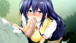 Rule 34 | 1girl, aburidashi zakuro, blue hair, blush, breasts, censored, covered erect nipples, crying, crying with eyes open, cum, cum in mouth, day, ejaculation, embarrassed, feet, fellatio, from above, game cg, grass, green eyes, groin, hair between eyes, large breasts, legs, long hair, mosaic censoring, namaikina seitokaichou no himitsu wo abake, oral, orgasm, original, out of frame, outdoors, penis, pov, school uniform, shoes, sitting, skirt, solo focus, tears, thighs, vest
